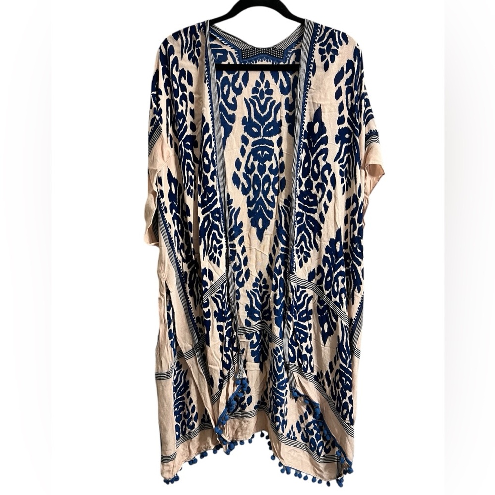 Macchia Di Ruggine Women’s Blue and Cream Kimono with Pom Pom Detail